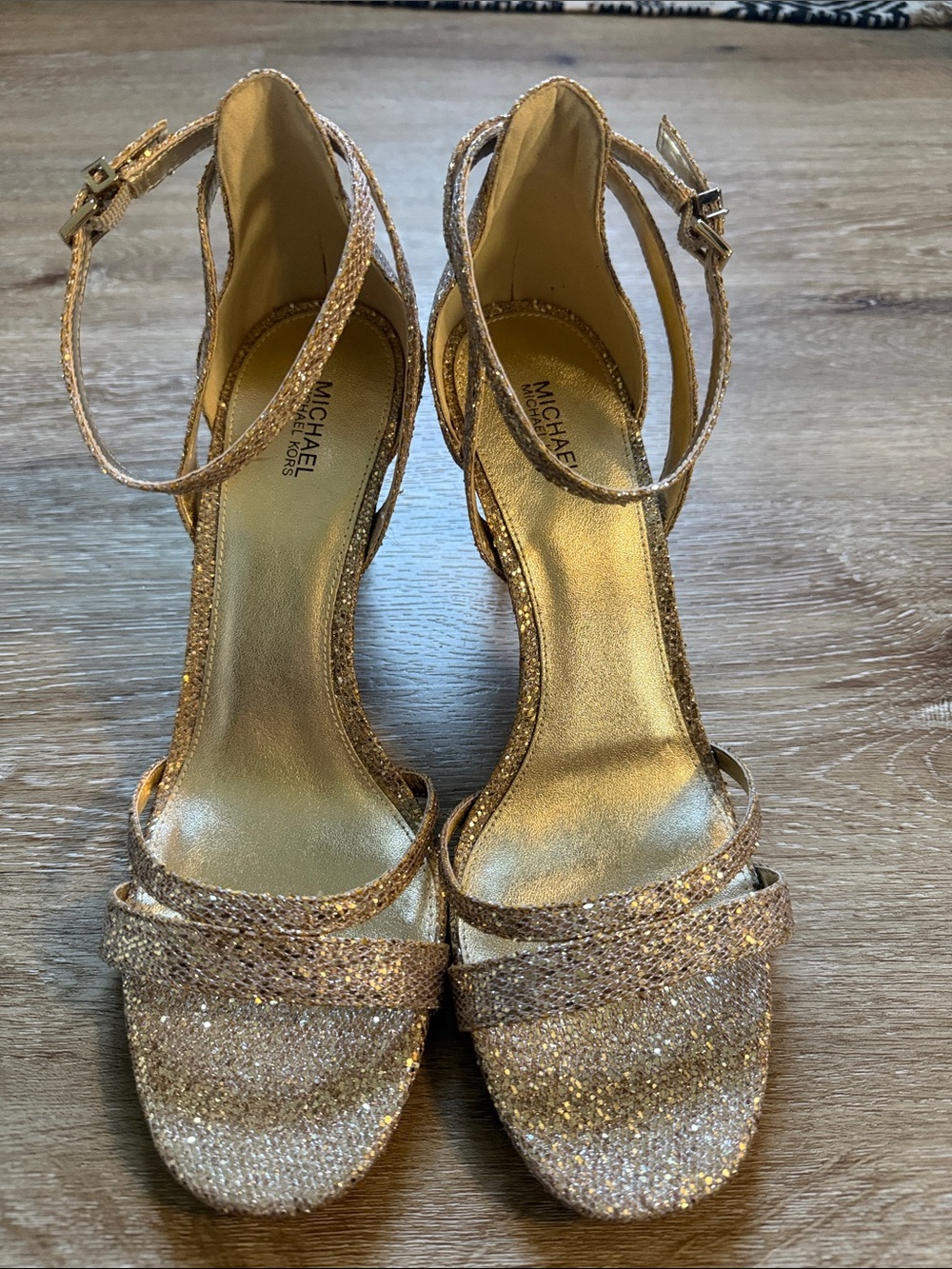Michael Kors Ava Mid Sparkling Gold Ankle-Strap Heels